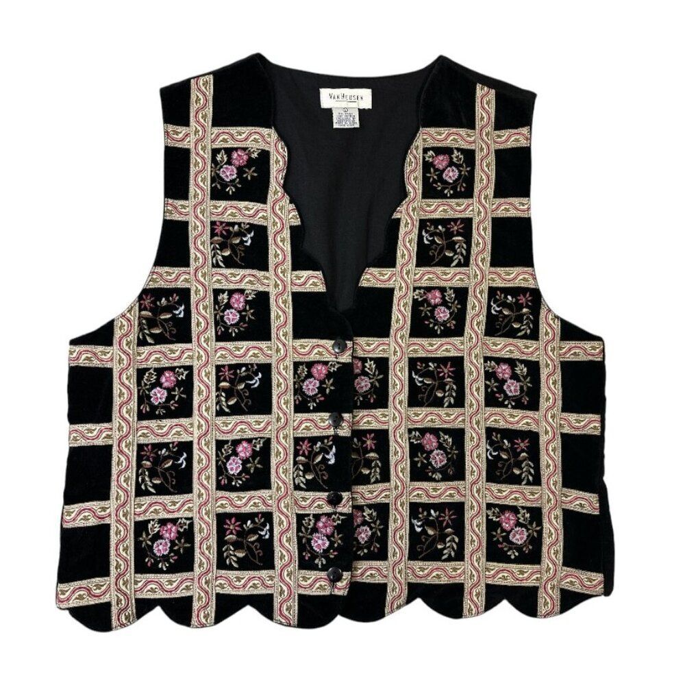 Vtg 90s Black Velvet Vest Scalloped Edge Ribbon Floral Embroidery Women's sz L